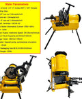 Top Shelf 220 Volt Electric Pipe Threader And Cutter Machine Featuring Kickass Bspt And Npt Die Sets For Effortless One Half To 4 Inch Pro Grade Metal Job Work with adjustable stand.