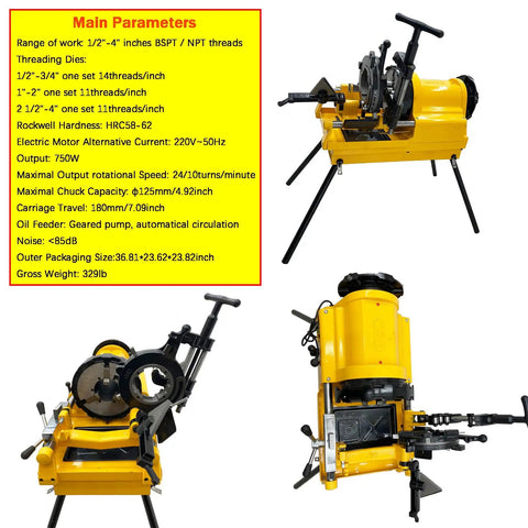 Top Shelf 220 Volt Electric Pipe Threader And Cutter Machine Featuring Kickass Bspt And Npt Die Sets For Effortless One Half To 4 Inch Pro Grade Metal Job Work with adjustable stand.