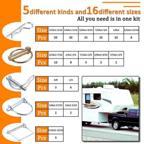 200 Piece Heavy Duty Pin Assortment Kit for Trailers, Tractors, Trucks, Mowers and Farm Equipment, various sizes shown in chart.