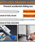 Workhorse Grade Full Extension Drawer Slides Secured With A Dead Easy Lock And Smooth As Silk Glide Heavy Duty display of locking mechanism and usage