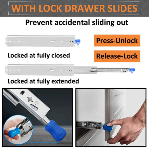 Workhorse Grade Full Extension Drawer Slides Secured With A Dead Easy Lock And Smooth As Silk Glide Heavy Duty display of locking mechanism and usage
