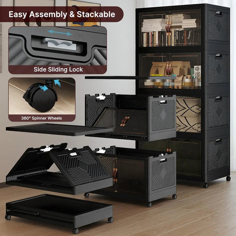 Stackable Storage Bins With Lids And Lockable Cabinet 720 Quart Capacity Foldable Storage Boxes With Doors And Wheels Plastic Drawers For Home Garage Office Extra Large Black