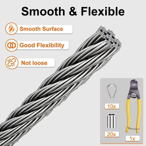 Heavy Duty 1/8 Inch Wire Cable Kit With 100 Feet Of Marine Grade 316 Steel Rope, sleeve, thimble, and cutter visible; smooth flexibility features.