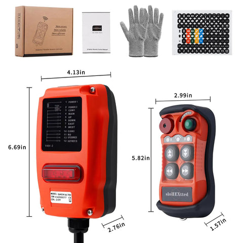 Two Speed Wireless Crane Remote Control Kit for 12-24V Systems with FHSS Technology, Ultra Stable Signal, Lag Free Commands, Heavy Duty Lifting Receiver Transmitter for Construction Equipment, transmitter and receiver set with dimensions