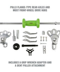 Slide Hammer Puller Set With Dent Puller CV Axle And Bearing Removal Tool Kit shown with attachments and steel build