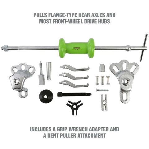 Slide Hammer Puller Set With Dent Puller CV Axle And Bearing Removal Tool Kit shown with attachments and steel build
