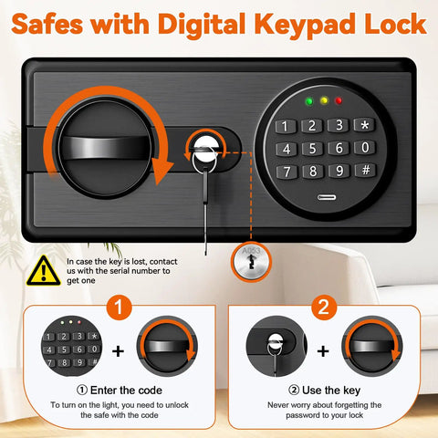 Compact Fireproof Safe Box For Home With Digital Keypad And Key Lock, close-up of digital lock panel with codes and key use instructions.
