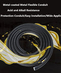 Rock Solid Flexible Metal Conduit With Kickass Flexibility And Protective Coated Steel Hose For Heavy Duty Electrical Wire Protection Smooth Corrugated Tubing Indoor Outdoor shown coiled with acid and alkali resistance features.