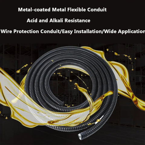 Heavy Duty Flexible Metal Conduit With Pvc Coated Steel Hose Serving Hard Core Electrical Wire Protection Flexes On A Dime Corrugated Tubing coil against a dark background.