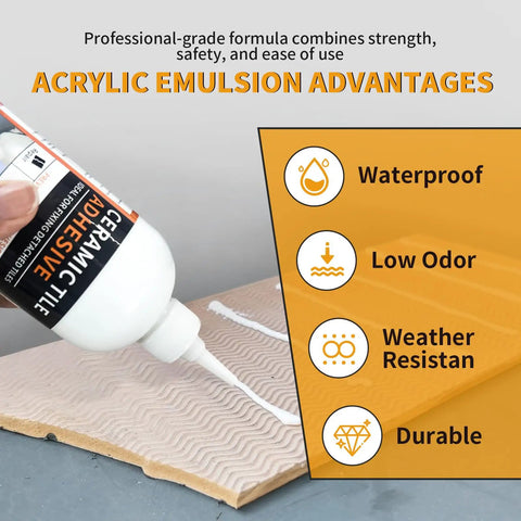 Heavy Duty Tile Adhesive And Repair Glue 10.5 Ounce being applied to tile with benefits listed: waterproof, low odor, weather resistant, durable.