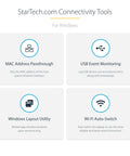 StarTech.com connectivity tools for Windows featuring four utility functions including MAC Address Passthrough and USB Event Monitoring.