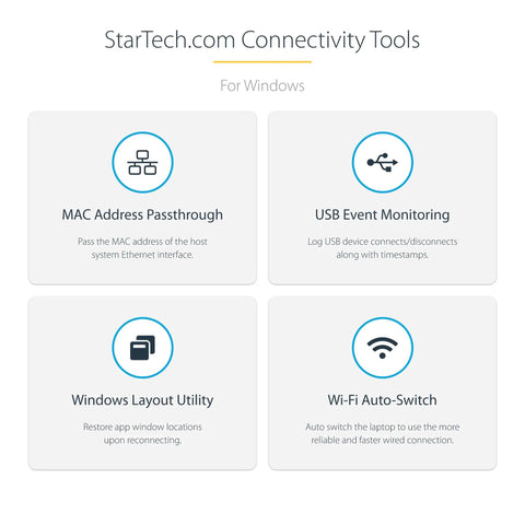 StarTech.com connectivity tools for Windows featuring four utility functions including MAC Address Passthrough and USB Event Monitoring.