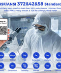 NSF/ANSI standards for water filtration tested by lab experts with QR code for test report verification.