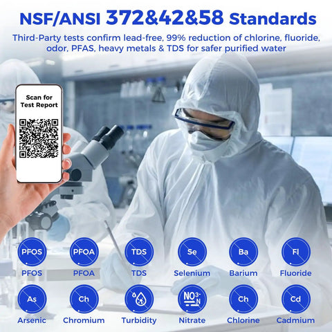 NSF/ANSI standards for water filtration tested by lab experts with QR code for test report verification.