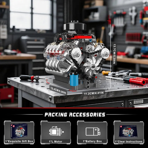 Mini V8 Engine Model Kit That Actually Runs shown on workbench with detailed parts; includes motor, battery box, and instructions.