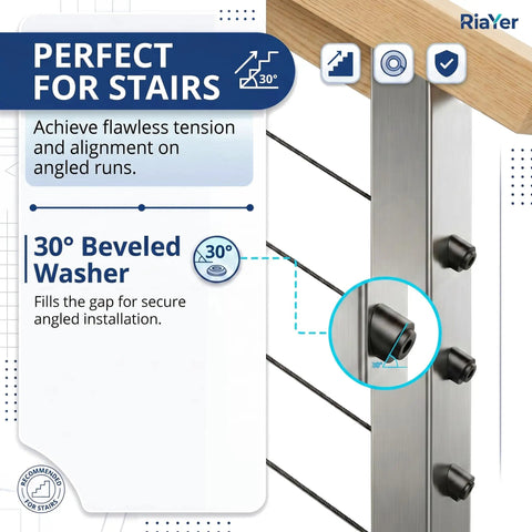 Invisible Cable Railing Kit One Eighth Inch Black With Drill Bits And Wrench T316 Stainless PVD Swage Tensioner And Terminal For Two By Two To Four By Four Wood Or Metal Posts Deck And Stair Hardware Easy Install showing 30° beveled washer ideal for staircase tension.