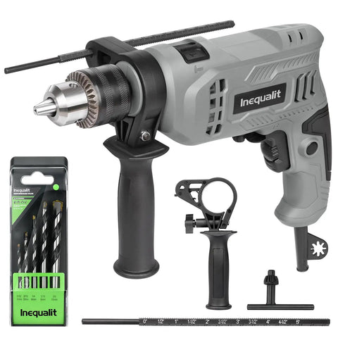 Corded Hammer Drill With 3000 RPM And 4.5 Amp Motor, Half Inch Keyed Metal Chuck, 5-Piece Bit Set, 360 Degree Handle, Drill