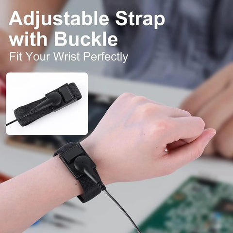 Person wearing adjustable XL wrist strap from Grounded Outlet Plug And Anti Static Wrist Strap Kit For PC Builds with buckle fastening.