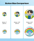 Size comparison of buttons in 200 PCS 32mm Button Maker Supplies Kit, featuring 1" 25mm, 1.25" 32mm, and 2.25" 58mm styles