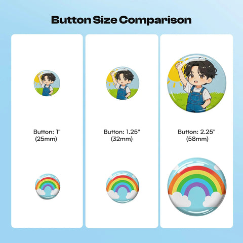 Size comparison of buttons in 200 PCS 32mm Button Maker Supplies Kit, featuring 1" 25mm, 1.25" 32mm, and 2.25" 58mm styles