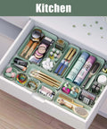 Green Plastic Drawer Organizer Set, 10 Piece Storage Bins For Makeup Vanity Bathroom Office Kitchen Utensils And Gadgets filled with toiletries.