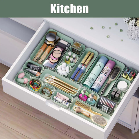 Green Plastic Drawer Organizer Set, 10 Piece Storage Bins For Makeup Vanity Bathroom Office Kitchen Utensils And Gadgets filled with toiletries.