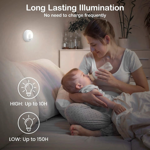 Mother with baby using Two Pack Cute Cat Motion Sensor Night Light Cordless Rechargeable LED Stick Anywhere Closet Stairs Wall Lights For Hallways Bedrooms And Kids Rooms With Auto On Off Modes And Dual Brightness Levels in bedroom
