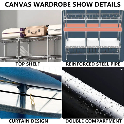 Roomy Portable Canvas Wardrobe Big Time Clothes Closet With Sturdy Hanging Rail And Plentiful Shelves For No Sweat Bedroom Organization Plus Zippered Heavy Duty Fabric Cover detailed view of shelving, steel pipe, curtain design, and compartments.