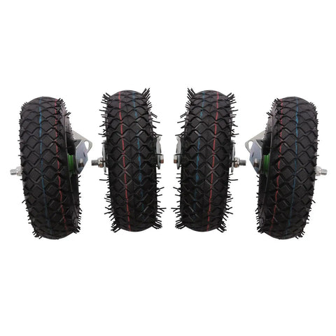 Set of four 10 Inch Heavy Duty Pneumatic Casters Featuring Smooth Cruising Black Rubber Air Tires built for heavy loads.