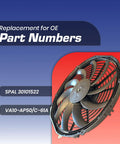 SPAL 12 Inch Curved Blade Puller Radiator Cooling Fan High Performance Electric With 12 Volt Motor Generating Over Twelve Hundred Cubic Feet Per Minute Airflow visible with part numbers and fan details.