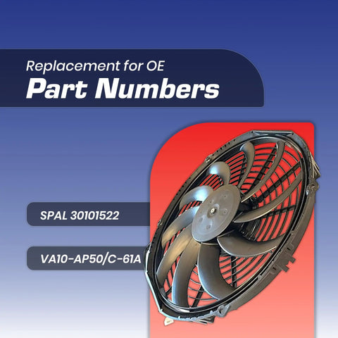 SPAL 12 Inch Curved Blade Puller Radiator Cooling Fan High Performance Electric With 12 Volt Motor Generating Over Twelve Hundred Cubic Feet Per Minute Airflow visible with part numbers and fan details.
