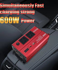 Kickass 600W Car Power Inverter Converts 12V DC To 110V AC With PD 30W USB C Port And Dual AC Plugs on car center console.