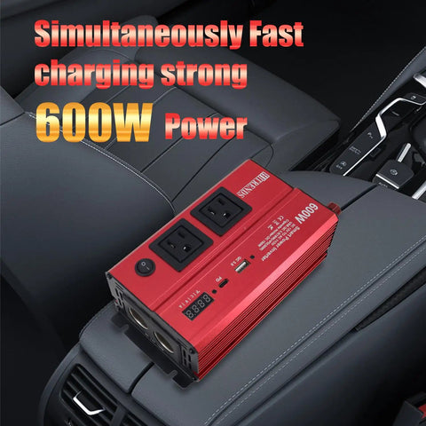 Kickass 600W Car Power Inverter Converts 12V DC To 110V AC With PD 30W USB C Port And Dual AC Plugs on car center console.