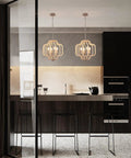 Modern Chandelier Light Fixture With Wood Beaded Boho Pendant 4 Lights Orb Design Vintage Farmhouse Ceiling Light in kitchen.