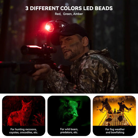 Hunter using Long Range Coon Hunting Headlamp With 600 Lumens, Rechargeable, IPX5 Waterproof, Six Lighting Modes And Four Color LEDs
