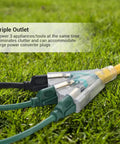 Heavy Duty 15 Foot 12 Gauge 3 Conductor Outdoor Extension Cord With Tri Tap Splitter LED Lighted Plug on grass