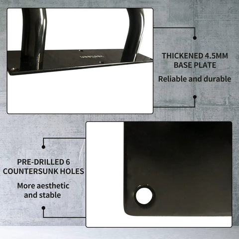 Close-up of Left Side Wall Mounted Handrail For 1 To 3 Steps, showing 4.5mm base plate and pre-drilled holes detail