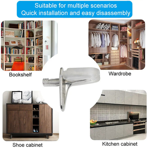 Image of Super Sturdy 30 Pack Cabinet Shelf Support Pegs 3mm Adjustable Shelving Brackets in use in various cabinets and bookshelves.