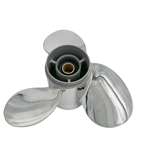 Stainless Steel Three Blade Propeller For Yamaha Outboard Motor Nine Point Twenty Five By Eleven Right Hand Spin Through Hub Exhaust