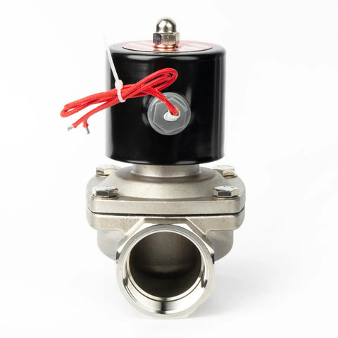 Front view of Heavy Duty Pro Grade One And A Half Inch Solenoid Valve With 110 Volt AC Stainless Steel Body Normally Closed Viton Seal High Flow Electric Valve
