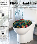 Elongated Ornate Wooden Boat Surrounded by Fish Colorful Lotus Toilet Seat fitted on a standard white toilet bowl, showcasing its design and accessories.