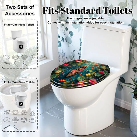 Elongated Ornate Wooden Boat Surrounded by Fish Colorful Lotus Toilet Seat fitted on a standard white toilet bowl, showcasing its design and accessories.