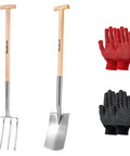 Heavy Duty Garden Pitchfork And Spade Set with 4 tine stainless steel fork, 47 inch handle, ergonomic grip, red and black gloves
