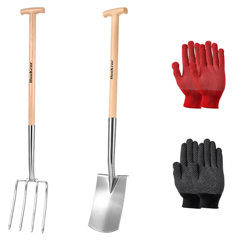 Heavy Duty Garden Pitchfork And Spade Set with 4 tine stainless steel fork, 47 inch handle, ergonomic grip, red and black gloves