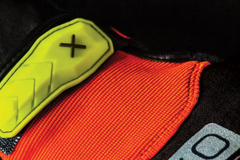 Close-up of Hi Viz Pro Work Gloves With Reflective Accents EXO Embossed Palm Medium, showing neoprene knuckles detail
