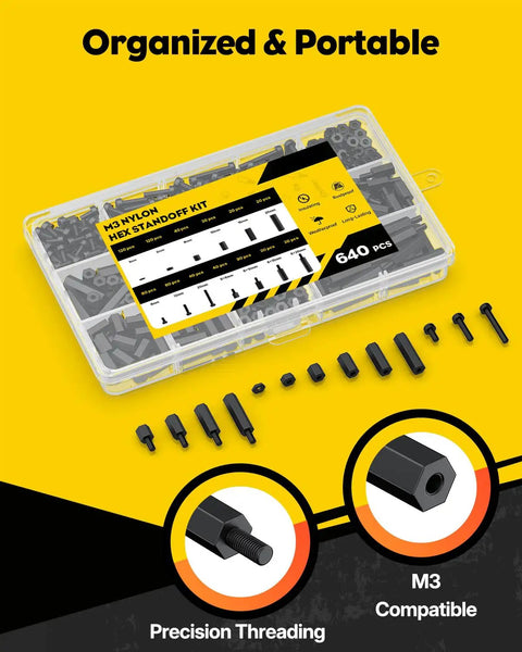 Killer Mega Pack Of 640 M3 Nylon Standoff Pieces Including Male Female Spacers And Assorted Screws For Motherboards and Electronics Boards Hella Tough Build Gear For Any Tech Project Right Now, organized kit with black nylon standoffs.