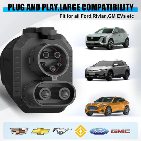 Tesla NACS To CCS1 Charger Adapter 500A 1000V Fast Charge for EVs pictured with compatible Ford, GM, Rivian vehicles