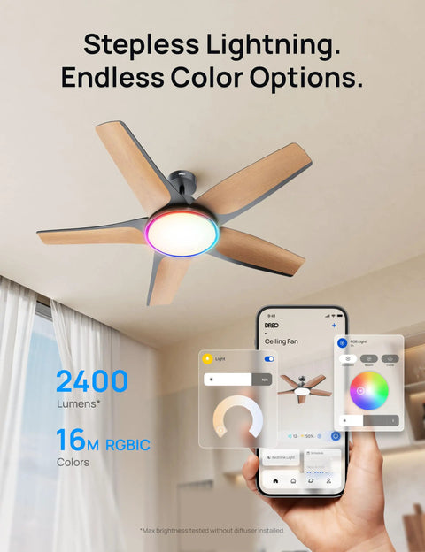 Straight Premium 52 Inch Smart Rgbic Ceiling Fan With Totally Lit Dimmable Lights And App Control For A Super Chill Lounge In Any Living Room Or Game Den.