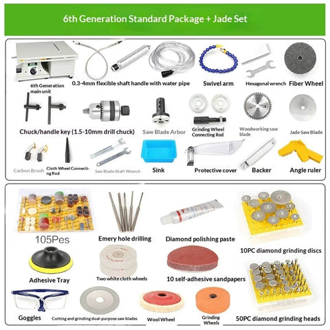 6th Generation Standard Package + Jade Set tools for Portable Mini Table Saw And Desktop Polishing Station For Jewelry Making And Gemstone Jade Crafting.