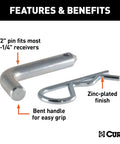 Half Inch Trailer Hitch Pin And Clip For One And A Quarter Inch Receivers, Easy Grip 105 Degree Bend, shown with zinc finish